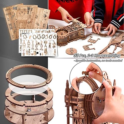FUNPOLA 3D Wood Puzzle LED Tower Clock, 3D Puzzle Building Desktop Clock Model DIY Architectural Building Blocks (LED-TC01 Wood) - Image 5