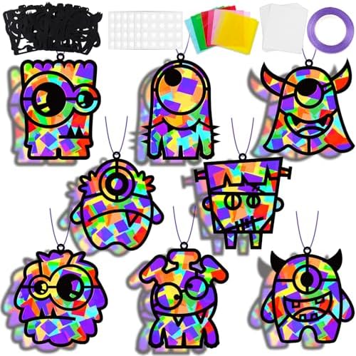32 Sets Halloween Monster Suncatchers Craft Kit DIY Window Stained Glass Effect Halloween Monster Paper Crafts Home School Classroom Decoration Kid Birthday Gift Creative Art Project Activity Game by QOUBAI