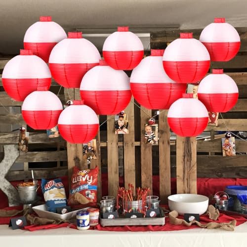 Fishing Bobber Paper Lanterns Round Decoration Lantern 12 PCS Red and White Hanging Paper Lanterns for Fishermen Theme Party Decoration Supplies Birthday Decor - Image 4