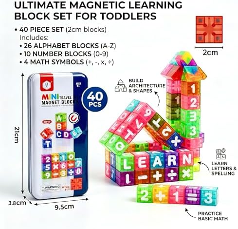 Magnetic Alphabet Blocks Letters Numbers 40pcs Travel STEM Kids 3-8 - Image 2