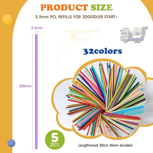 Upgraded 20cm Length 3D Pen PCL Filament Refills,Less Reloading,32 Colors 160 PCS,Low Temp Safe,Only Compatible with 3Doodler Start+ 3D Pen for Drawing & DIY Art Projects - Image 5