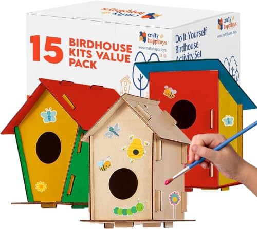 Wooden Birdhouses to Paint - 15 Bulk DIY Bird House Craft Kits for Kids by CraftyHappitoys