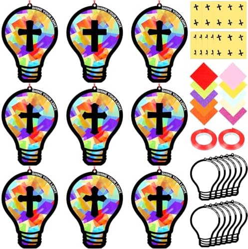 Renbuzhu 48PCS Sunday School VBS Crafts Bulk: Paper Lightbulb Cross Nativity Suncatchers, Jesus Religious Christian Activity DIY Kits Church Decorations, Window Stained Glass Effect Art Supplies by Renbuzhu