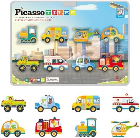 PicassoTiles 8pc Metro City Vehicle Magnet Building Block Set with Magnetized Action Figures Compatible with Magnetic Tile Kits STEAM Educational Construction Playset for Boys Girls Age 3 Plus PTA24 by PicassoTiles