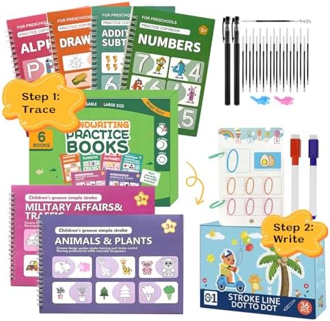 2-Stage Kids Groove Handwriting Workbook Ages 3-8, Reusable No-Groove Dotted Tracing Book, Preschool Alphabet Math Learning Activity Book, Educational Gift with Magic Disappearing Pens by Mematflo