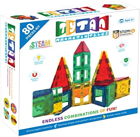 Tytan Tiles 80-Piece Magnetic Tiles Building Set, Ergonomic Design, Kids’ STEM Toy, Race Cars, Architectural Building, Creative Play, Pattern Recognition, Includes Storage Bag, Ages 3 and Up by TytanToys