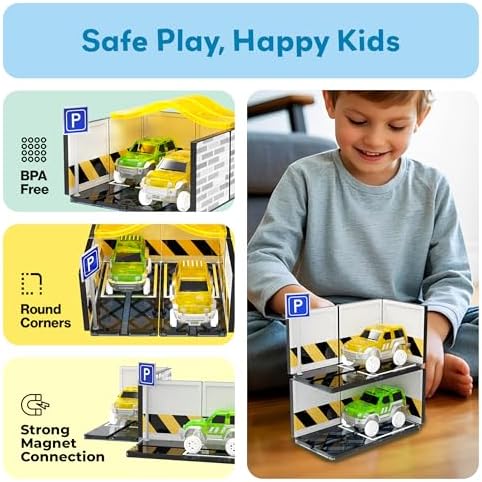 PicassoTiles Magnetic Tiles Race Car Track Kit Parking Garage Expansion Pack with 2 Cars Magnet Tile Building Blocks Educational Toy Learning Kit Pretend Play Construction Set Kids Child Ages 3+ PTR07 - Image 6