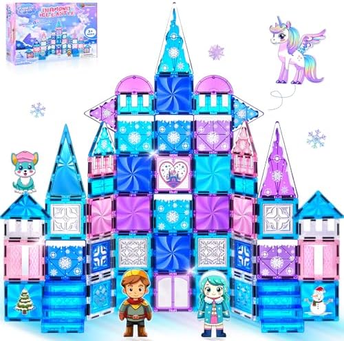 Princess Castle Magnetic Tiles 112PCS with 4 Dolls 2 Stairs &DIY Decors Kit by Magbubp