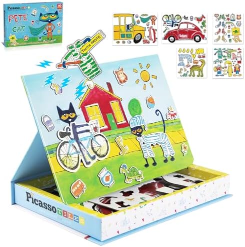 PicassoTiles Pete The Cat 80pc Magnetic Board Game Puzzle Playset Reusable Mix & Match Cartoon Toy with Storytelling, STEM Learning Activity Book and Storage Educational Kids Toys for Ages 3+ PTC02 by PicassoTiles