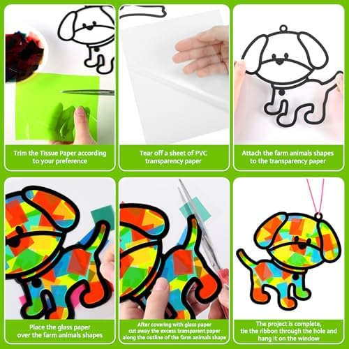 QOUBAI 32 Sets Farm Animals Suncatchers Craft Kit DIY Window Stained Glass Effect Cow Horse Chicken Paper Craft Home School Classroom Decoration Kid Birthday Gift Creative Art Project Activity Game - Image 3