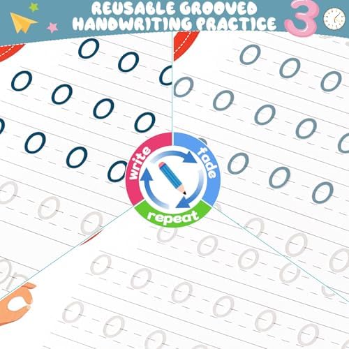 party greeting 6 Pieces Magic Grooved Writing Practice Copybook with Disappearing Ink Pens Reusable Grooved Handwriting Workbook Letter Tracing Books for Kids Kindergarten Preschool Supplies - Image 4