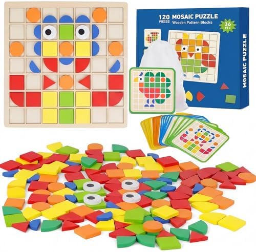 Wooden Pattern Blocks Set 120 Pcs Geometric Shapes Puzzle Classic Montessori Educational Tangram Toys with 24 Design Cards for 4-8 Year Old Kids by Unknown