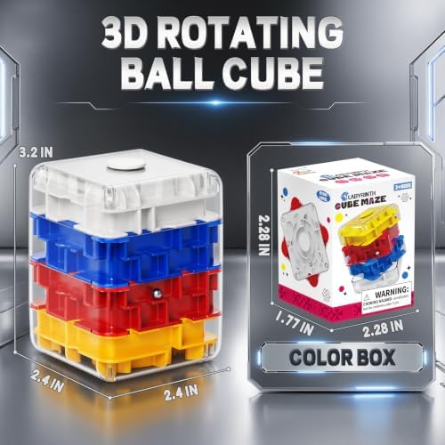 3D Maze Cube Ball Puzzle Brain Teaser for Adults & Kids, Educational Learning Toys Logical Thinking, Family Board Games Tabletop, Durable Puzzle Cube (White&Blue&Red&Yelllow, 2.4x2.4x3.2) - Image 2