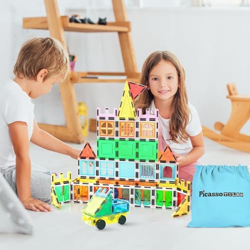 PicassoTiles Magnetic Tiles 61 Piece Magnet Tile Building Blocks Construction Sensory Toy Set with Carry Bag Storage Bin Container STEM Toddler Learning Educational Pretend Play Boy Girl Ages 3+ PT07 - Image 2