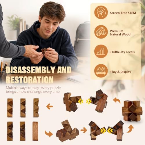 VolksRose 6pcs Wooden Brain Teaser Puzzles, IQ Challenge Puzzle Games, Logic Smart Mind Puzzle Box Lock Toy Removing Assembling 3D Small Puzzle Gift Set for Adults Teenagers Kids, 1.8inch 4.5cm - Image 3
