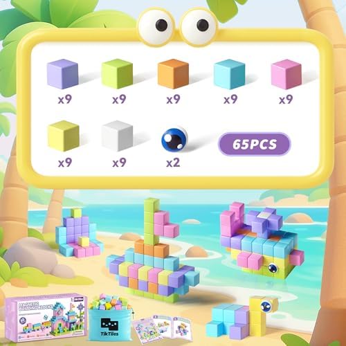 65PCS Magnetic Blocks with Magnet Eyes Toy, Magnetic Building Blocks with Storage Bag for Kids Gifts, STEM Preschool Sensory Magnetic Cubes for Toodlers Boys Girls Ages 3 4 5 6 7 8, Macaron Color - Image 3