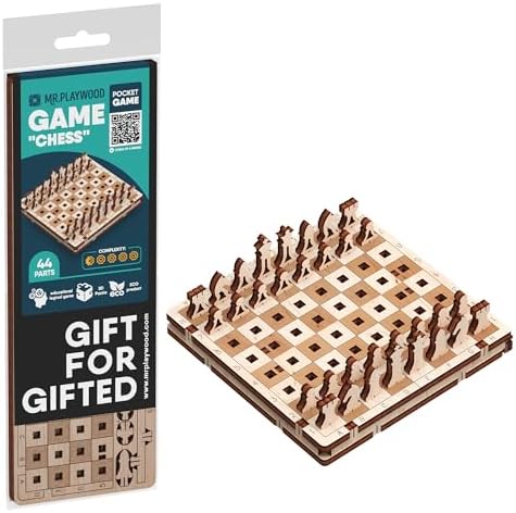 Mini Travel Chess Set - 3D Wooden Puzzle for Teens and Adults - Small Pocket Chess Board with Internal Storage - Portable Mechanical DIY Model Kit - Tiny Miniature Wood Game for Travel by MrPlaywood