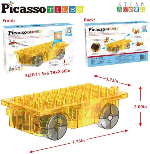 PicassoTiles Magnet Tile Motorized Car Base Self Turning Omnidirectional Truck with Light And Motor Playset Magnetic Tiles Construction Building Blocks Compatible STEM Learning Preschool Ages 3+ PTU05 - Image 2