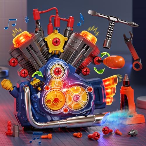 Jovow Engine Building Kit, Kids Mechanic Toys for Motorcycle Engine Toy, STEM Engine Model Kit Toy with Cool Light and Music, Educational Science Building for Boys Age 3+Year Old Mechanic Tools (Blue) by Jovow