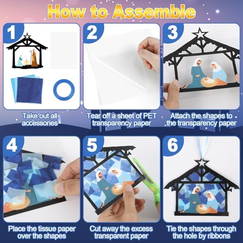 Qyeahkj 36 Set Christmas Nativity Suncatchers Crafts for DIY Nativity Scene Window Tissue Paper Craft Kit Hanging Decor for Xmas Holiday Home Activity Art Project Birthday Party Favor Gift - Image 4