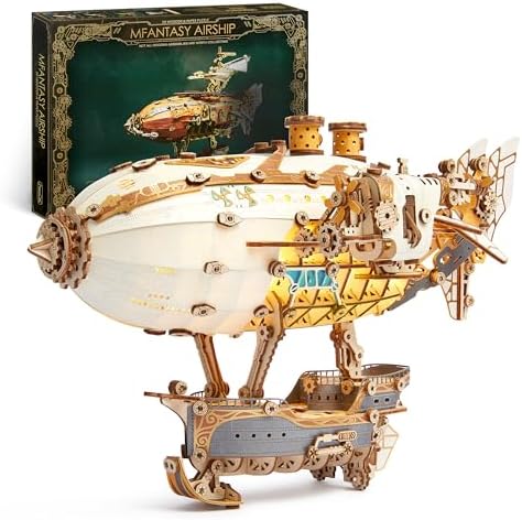 FUNPOLA LED 3D Wood Puzzle Fantasy Airship Model - Steampunk DIY Craft Kit with LED Lights – Intricate Wooden Airship Model Building Set for Adults(White) by FUNPOLAHomeDecor3DPuzzles