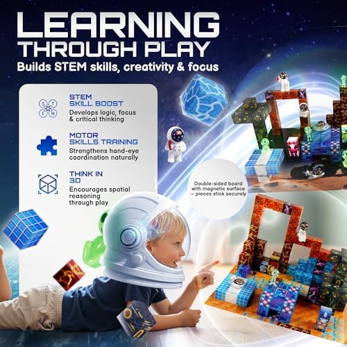 181-Piece Magnetic Building Blocks Set – STEM Toys for Kids Ages 3+ | Educational Space-Themed Magnetic Construction Kit with LED Light-Up Cubes | Sensory Gift Toy for Boys & Girls - Image 4