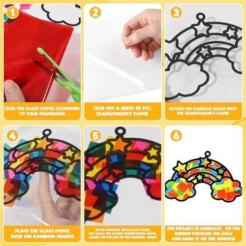 QOUBAI 32 Sets Rainbow Suncatchers Craft Kit DIY Window Stained Glass Effect Planet Rainbow Sun Paper Crafts Home School Classroom Decoration Kid Birthday Gift Creative Art Project Activity Game - Image 3