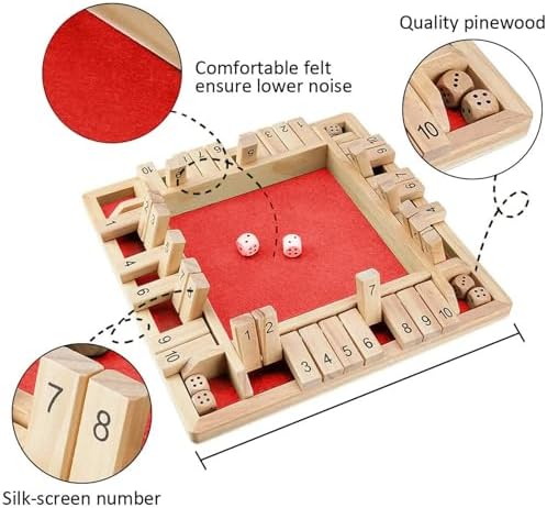 Shut The Box Game 2-4 Players Classic Dice Board Game 10 Numbers Table Math Games Traditional Wooden Family Game for Night Pub Bar Classroom Travel Improves Mathematical Skills (Red) - Image 5