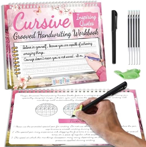 gisgfim Grooved Cursive Handwriting Workbook Magic Reusable Grooved Cursive Handwriting Practice Guided Tracing with Disappearing Ink Pens for Beginner Learning Activities Supplies (Inspiring Quotes) by gisgfim