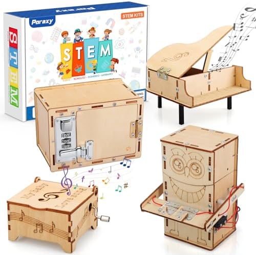 Poraxy 4 Set STEM Kits for Kids Ages 8-10 10-12, Toys for Ages 8-13, Music Box, Robot 3D Puzzle Educational Science Building Projects Crafts, Birthday Gifts for Boys Girls 7 8 9 10 11 12 13 Year Old by Poraxy