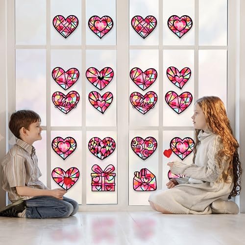 Renbuzhu 40PCS Valentines Day Crafts: Paper Heart Suncatchers, Christmas Valentine's Classroom DIY Kits, Window Stained Glass Effect Art Supplies - Image 4