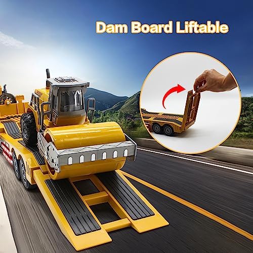 Fistone RC Semi Truck with Trailer, 1:24 RC Semi-Trailer Engineering Tractor with Sound and Lights, 2.4Ghz Remote Control Flatbed Truck with Road Roller Toys, Construction Vehicles Toy for Boys - Image 3