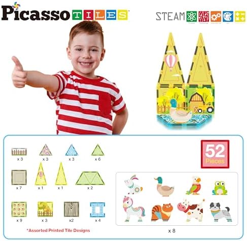 PicassoTiles Magnetic Tile Farm Animal Building Playset with 8 Character Figures STEM Construction Toy for Kids Age 3 Plus Educational Pretend Play Learning Blocks Farmyard Creative Activity Kit PTQ17 - Image 2