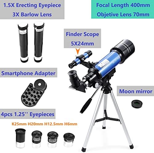 70mm Telescope for Kids & Astronomy Beginners, Refractor Telescope with Tripod & Finder Scope, Portable Telescope with 4 Magnification eyepieces & Phone Adapter Blue - Image 3