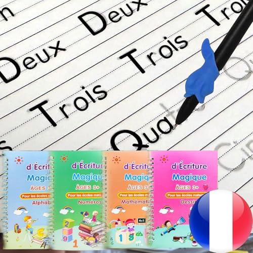 Magic Grooved Writing Practice for Kids - French, Small, 4 PCS | 4 French handwriting practice books, Français Grooved workbooks, Disappearing refills, Reusable trace trek copybooks for kids by KILOGOGRAPH