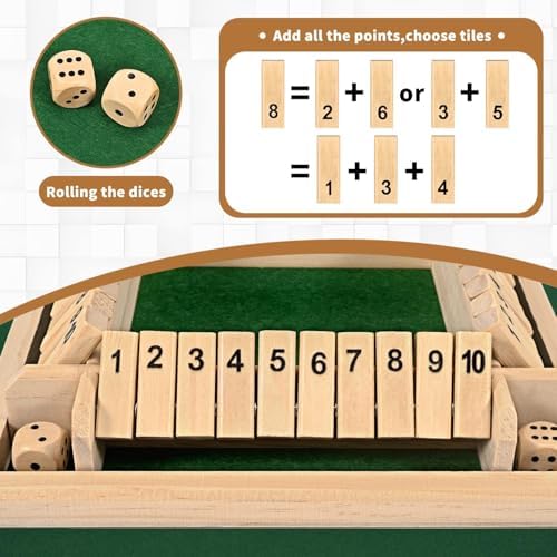 Shut The Box Game 2-4 Players Classic Dice Board Game 10 Numbers Table Math Games Traditional Wooden Family Game for Night Pub Bar Classroom Travel Improves Mathematical Skills (Green) - Image 4