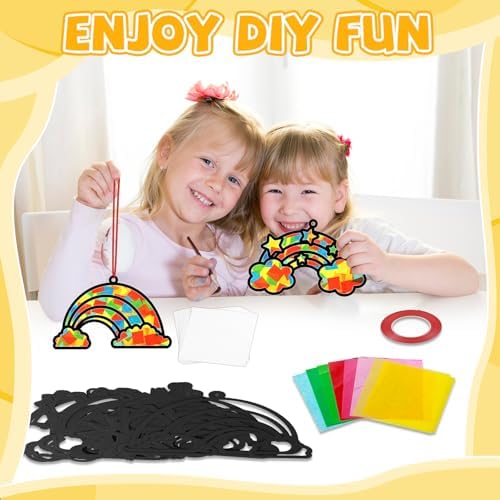 QOUBAI 32 Sets Rainbow Suncatchers Craft Kit DIY Window Stained Glass Effect Planet Rainbow Sun Paper Crafts Home School Classroom Decoration Kid Birthday Gift Creative Art Project Activity Game - Image 4
