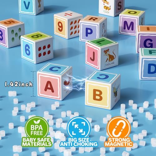 Large Magnetic Blocks for kids ages 4-8-Toddler Toys,30pcs Big Magnet Building Blocks, STEM Sensory Travel Printed Montessori Toys for Boys&Girls, Learning Construction Magnetic Cubes for Gift - Image 7