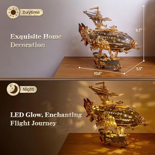FUNPOLA LED 3D Wood Puzzle Fantasy Airship Model - Steampunk DIY Craft Kit with LED Lights – Intricate Wooden Airship Model Building Set for Adults(Gray) - Image 5