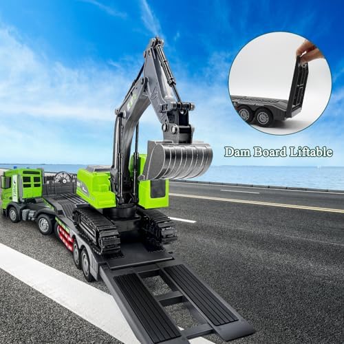 Fistone RC Semi-Trailer Truck & Excavator Toy Set, 1:12 Scale with Sound and Lights, 11CH 2.4Ghz Remote Control Flatbed Truck and Excavator Toys, Great Gift for Kids Boys - Image 4