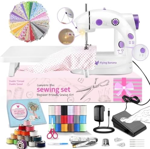 Mini Sewing Machine for Beginners-Maquina de Coser, Easy Automatic Sewing Machine with Extension Table, Household Electric Portable Sewing Tool with Sewing Kit, Small, for All Age, Kids or Adults by FlyingBanana