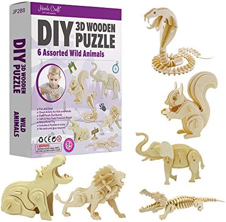 Hands Craft DIY 3D Wooden Puzzle – 6 Assorted Wild Animals Bundle Pack Set Brain Teaser Puzzles Educational STEM Toy Adults and Kids to Build Safe and Non-Toxic Easy Punch Out Premium Wood JP2B8 by HandsCraft