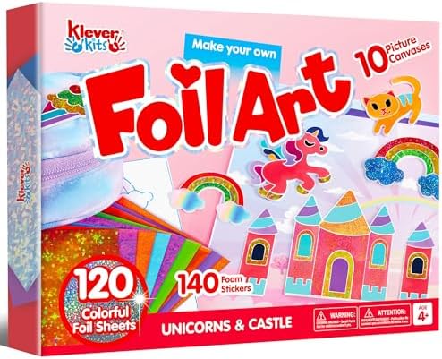 Klever Kits Foil Art Kit for Kids - Arts & Crafts Supplies, Mess Free Coloring, Foil Foam Stickers, Creative Travel Toys, Birthday Gifts for Boys & Girls Ages 4 and Up by KleverKits