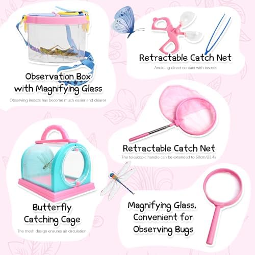 Bug Catcher for Kids Explorer Kit Kids Bug Catching Kit, Bug Catcher Kit for Kid with Binoculars, Magnifying Glass, Butterfly Kit for Girls Aged 3+(Pink) - Image 4