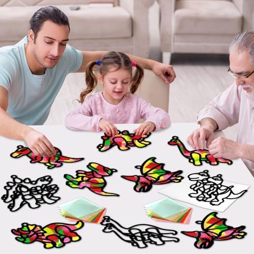 Qyeahkj 36 Set Dinosaur Suncatchers Crafts for DIY Dinosaur Tissue Paper Crafts Window Stained Glass Effect Dino Hanging Decor Home Creative Activity Art Projects Birthday Party Favor Gift - Image 7