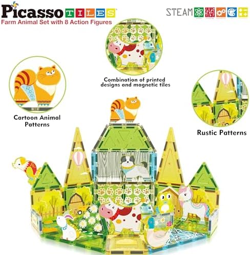 PicassoTiles Magnetic Tile Farm Animal Building Playset with 8 Character Figures STEM Construction Toy for Kids Age 3 Plus Educational Pretend Play Learning Blocks Farmyard Creative Activity Kit PTQ17 - Image 3