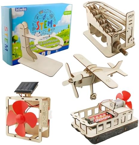 5 in 1 DIY Wooden STEM Self Assembly Kit, Science Experiment Building Models, Solar Fan, Pneumatic Boat, Marble Run Machine, Wooden Airplane & Magnifier, Educational Engineering Toy Gift for Kids 8-14 by Unknown
