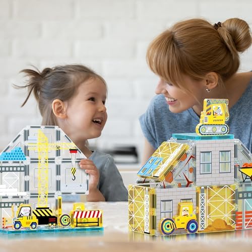 PicassoTiles Magnet Tiles Magnetic Building Blocks with 8 Construction Vehicles Crank Truck Excavator Bulldozer Road Roller Concrete Mixer Tractor Dump Truck Forklift Toys Learning Kids Ages 3+ PTQ11 - Image 2