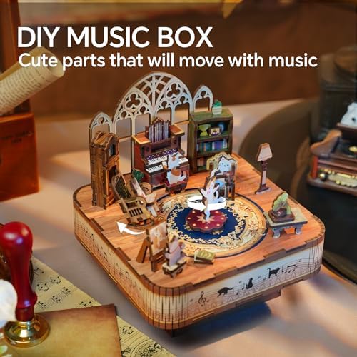 Tonecheer Wooden Music Box Puzzle for Adults,DIY Rotating Music Box Kit 3D Creative Musical Puzzle Crafts Model Building Kits Desk Decor for Teens Kids Birthday Gift (Cats Family) - Image 3