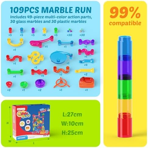 MaxTronic Marble Run kit, 109 Pcs Marble Maze Race Building Blocks Toy Game & STEM Learning Toys Christmas Birthday Gift for Kids Aged 3-12 - Image 2